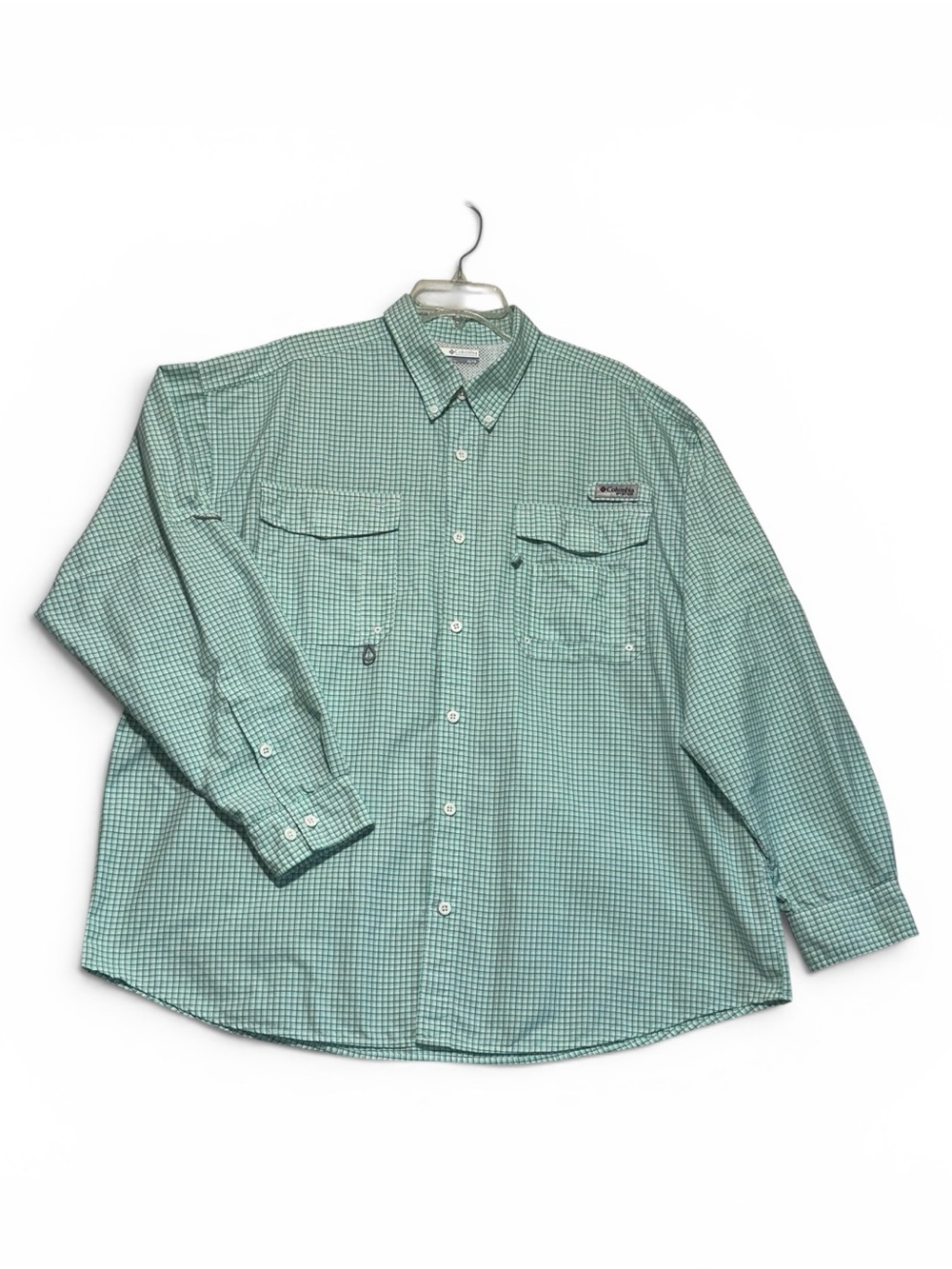 Columbia PFG Mint Green Plaid Long Sleeve Fishing Shirt Relaxed Fit Men's XL